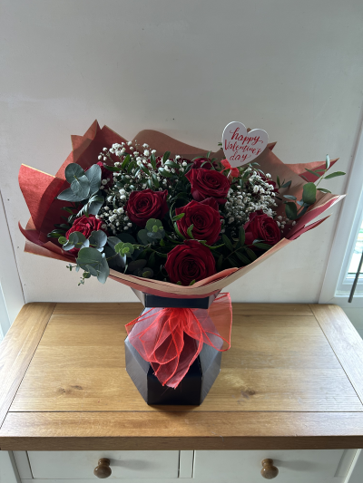 12 Red Roses - 12 Red Roses incorporating gypsophila and the freshest of Irish grown eucalyptus presented in fully recyclable packaging.